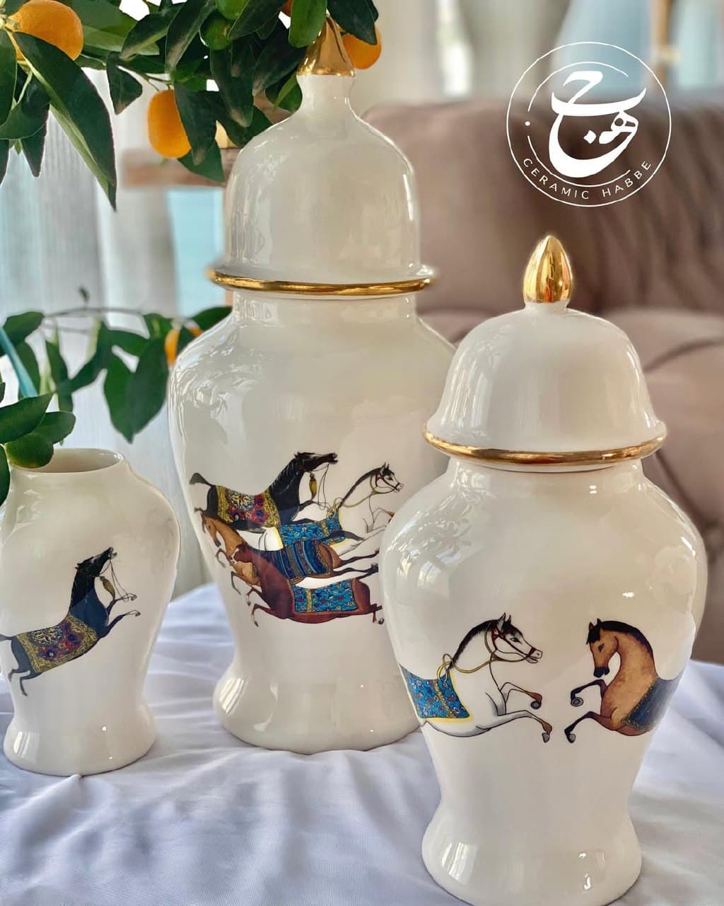 گلدان و کندی دکوری سرامیکی دست‌ساز طرح اسب