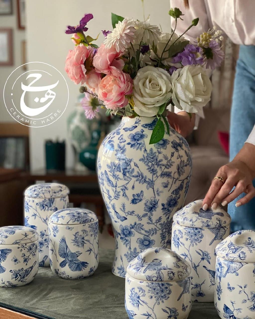 ست سه تایی بانکه سرامیکی پذیرایی مدل فلورال آبی