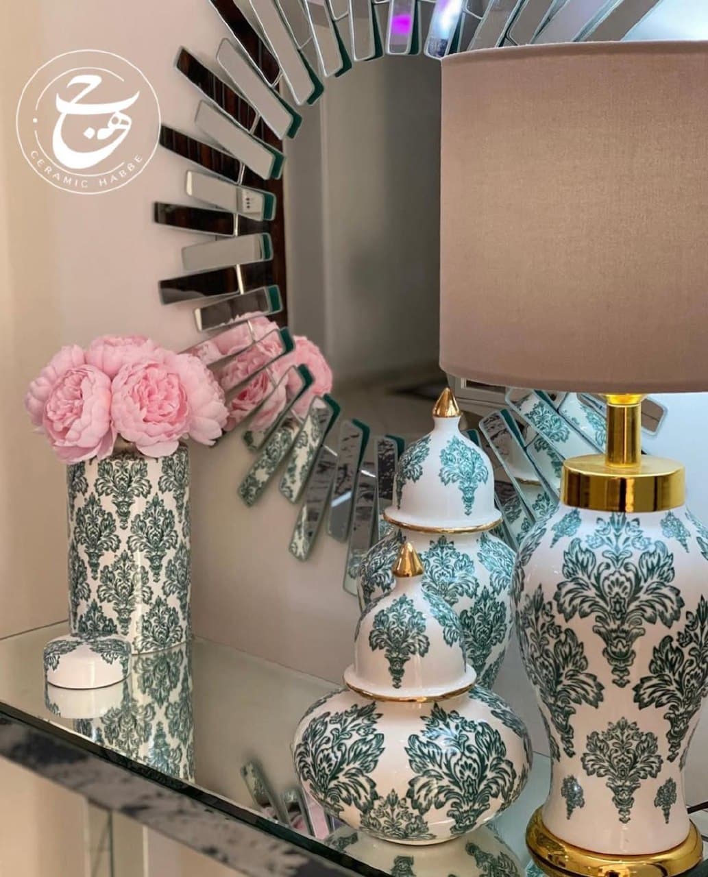 آباژور رومیزی سرامیکی دستساز طرح داماسک سبز