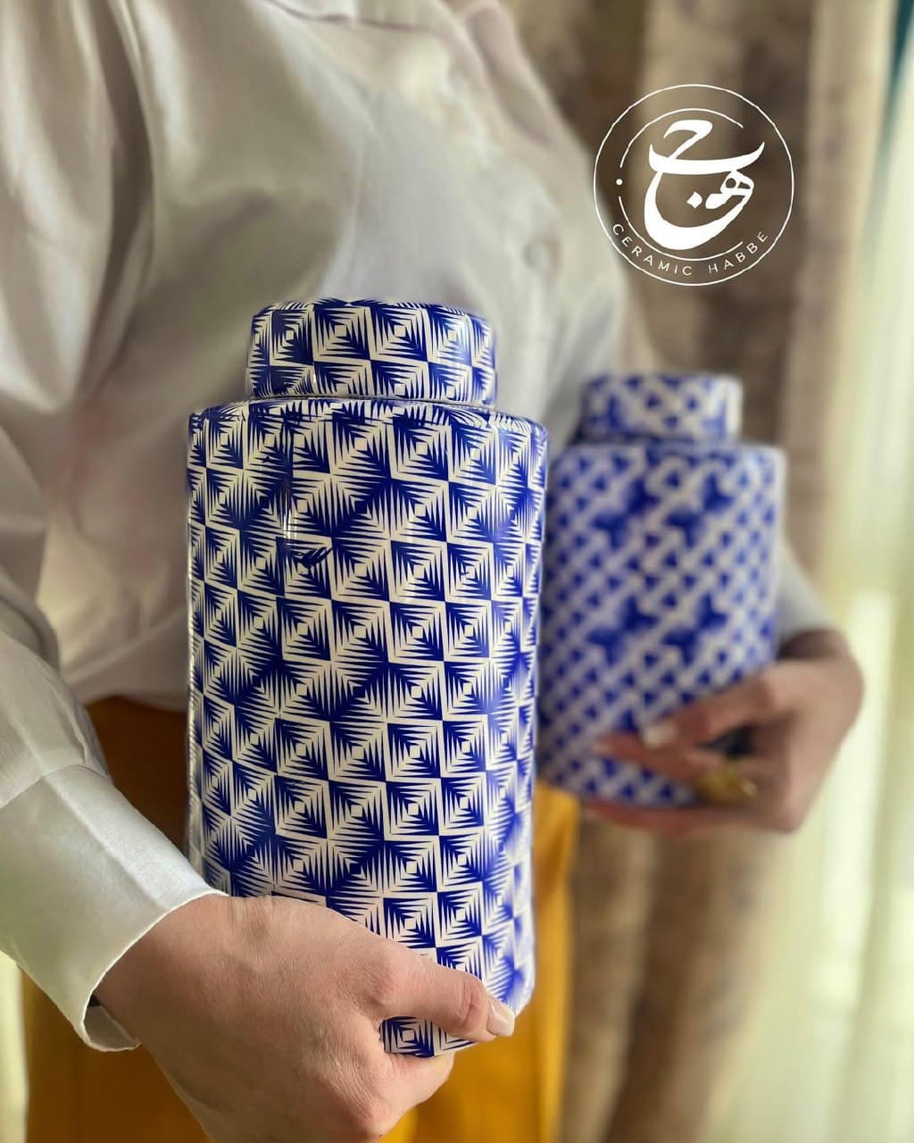 جینجر جار سرامیکی بزرگ طرح مدرن لاجوردی