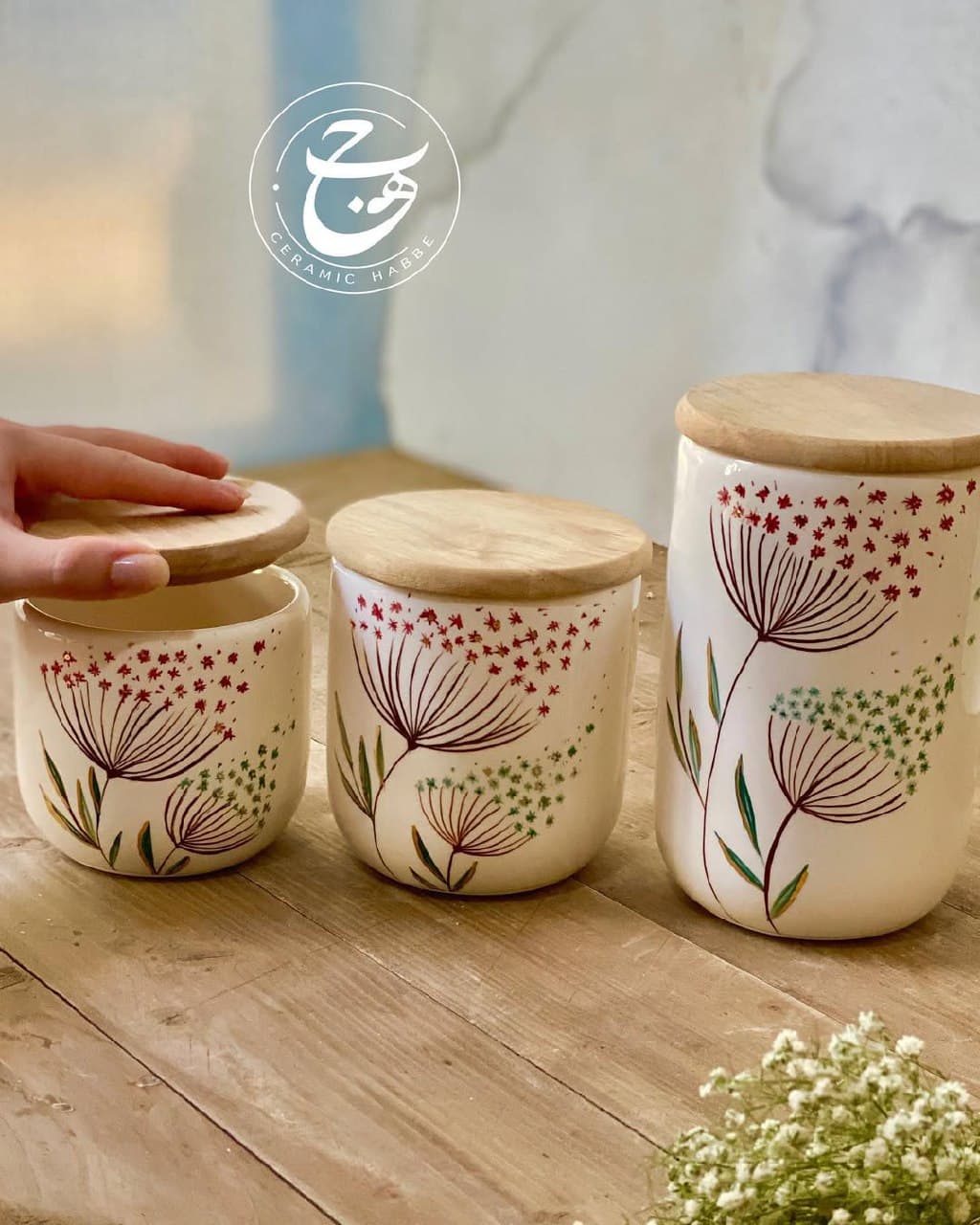ست سه تایی بانکه سرامیکی طرح قاصدک با درب چوبی