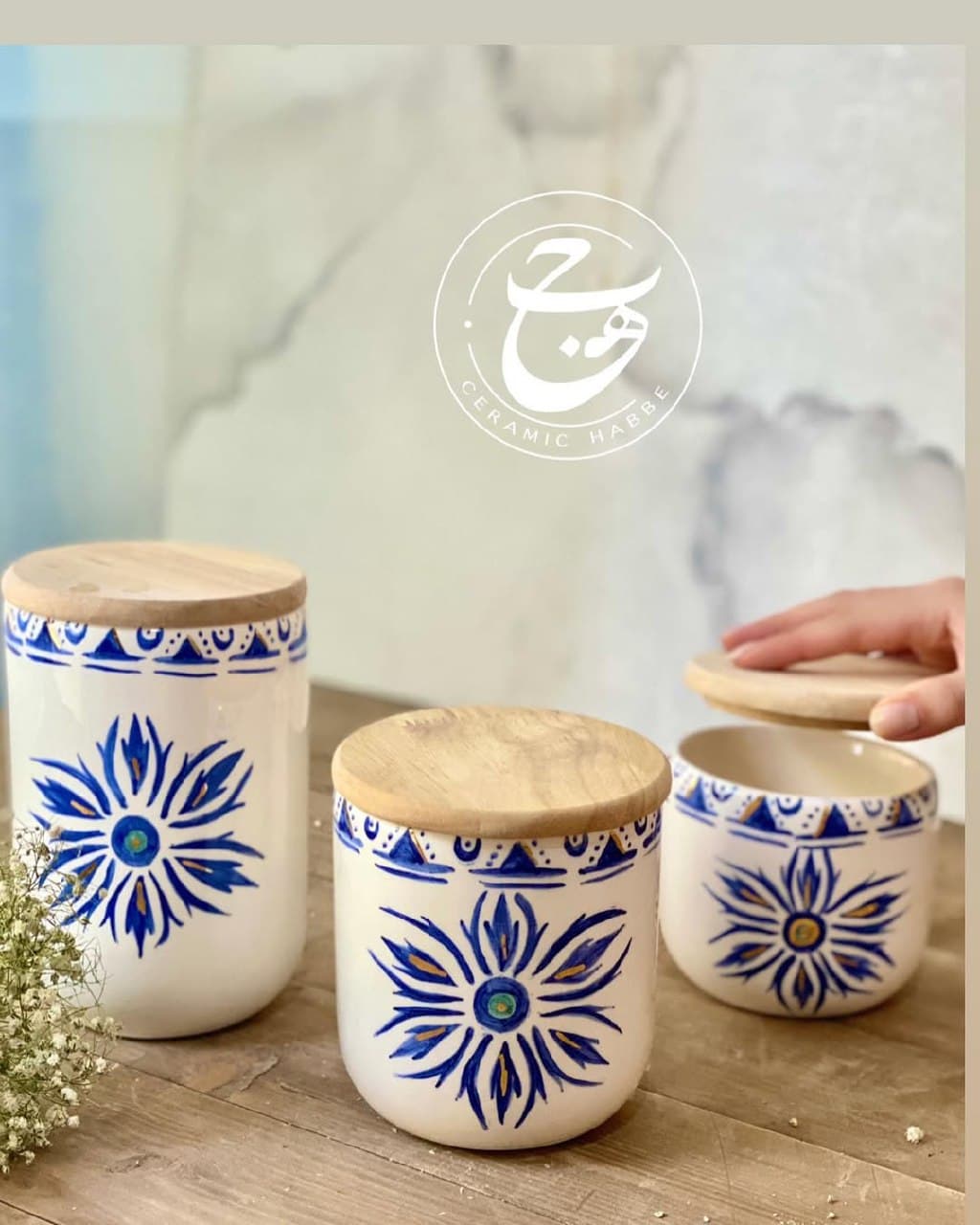 ست پاسماوری سرامیکی سه تایی طرح چشم نظر با درب چوبی