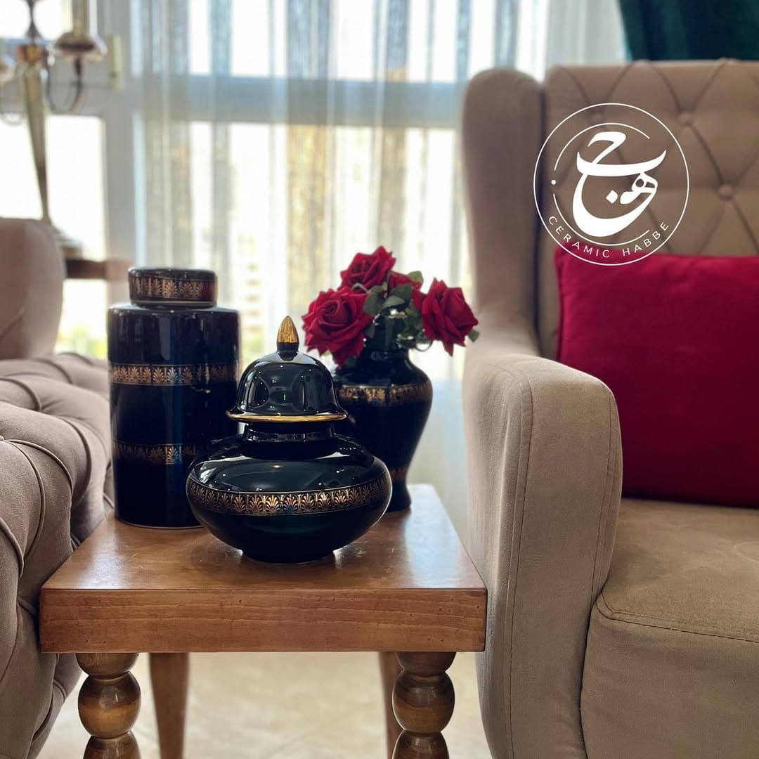 جینجر جار سرامیکی دستساز مشکی طلاکوب برند حبه