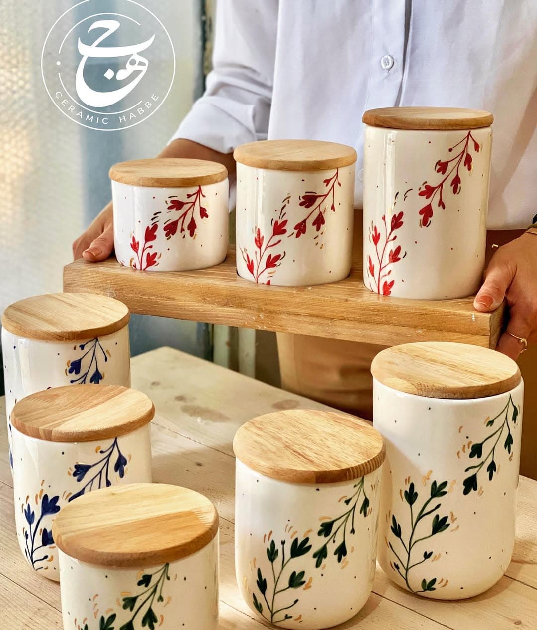 ست بانکه سرامیکی دست ساز حبه طرح شاخه با درب چوبی