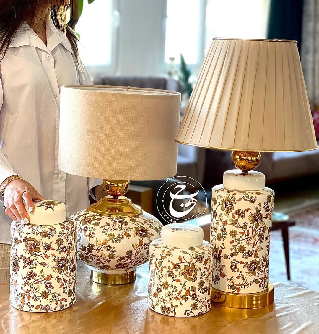 ست آباژور رومیزی و کندی باکس سرامیکی دست ساز طرح فلورال