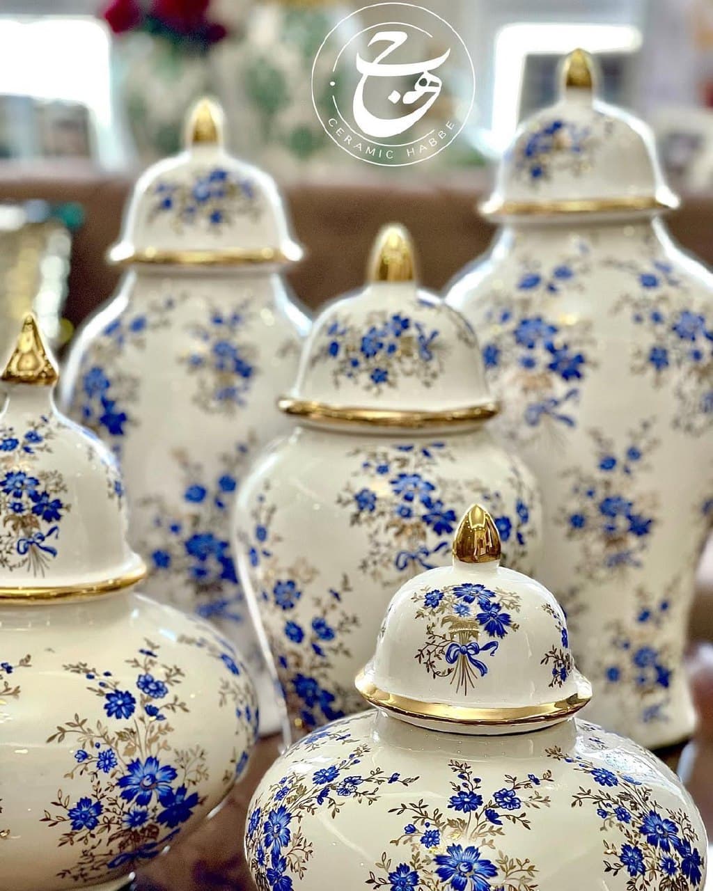 کندی باکس سرامیکی دکوری طرح گلریز آبی طلاکوب