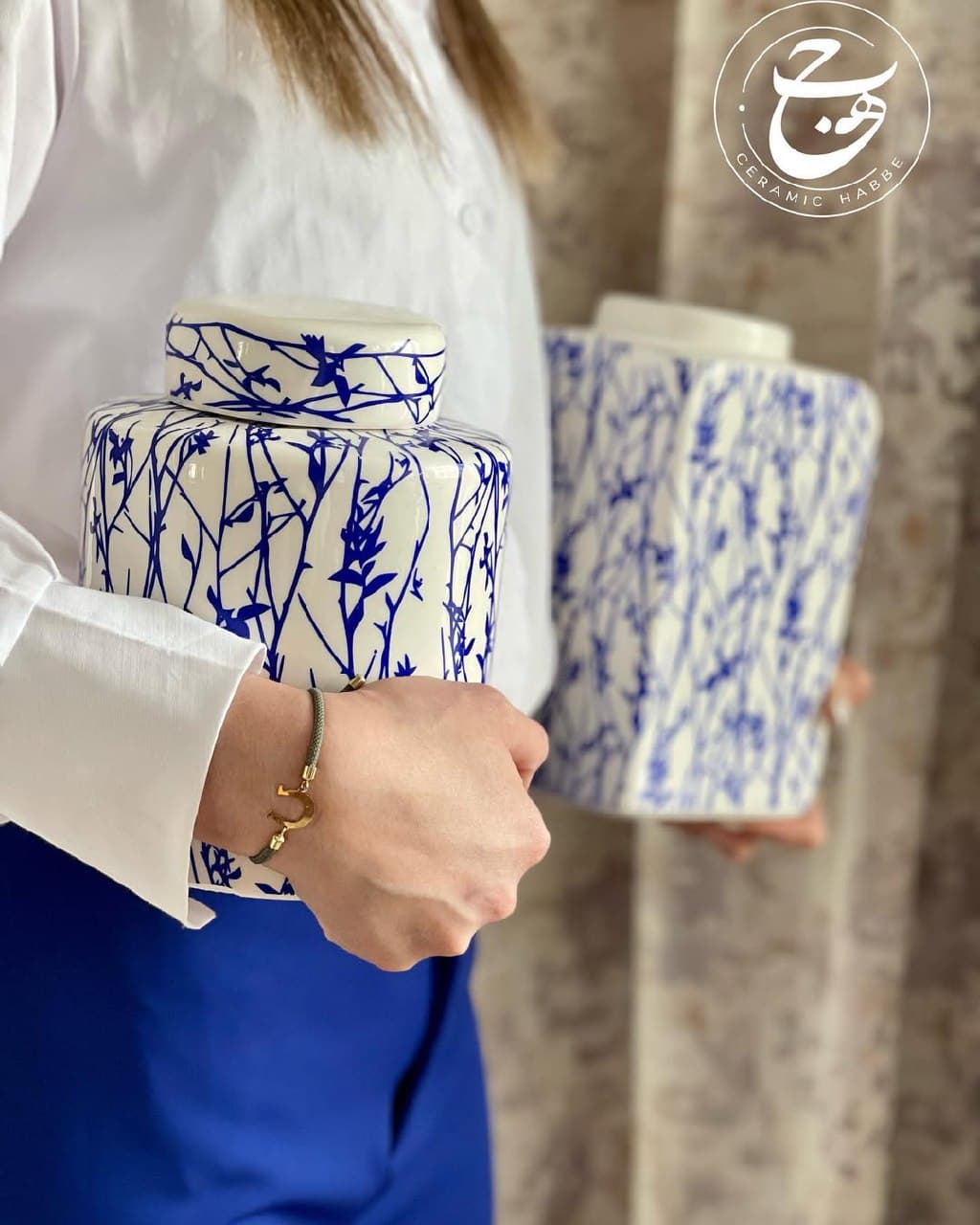 جینجر جار سرامیکی طرح شاخه آبی