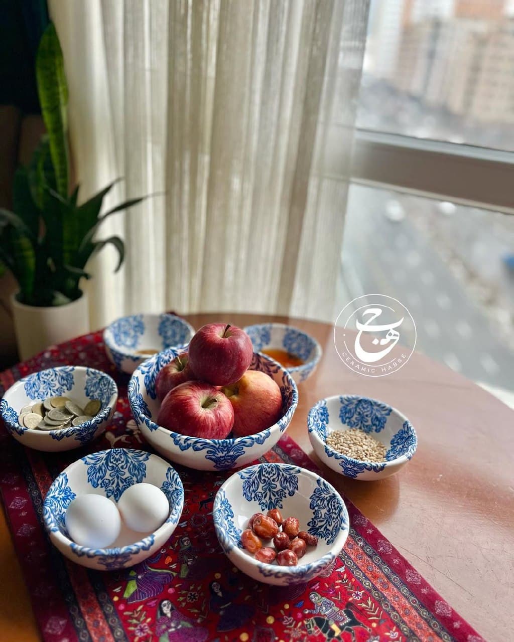 ست ۷ پارچه ظروف هفت سین سرامیکی طرح سنتی آبی