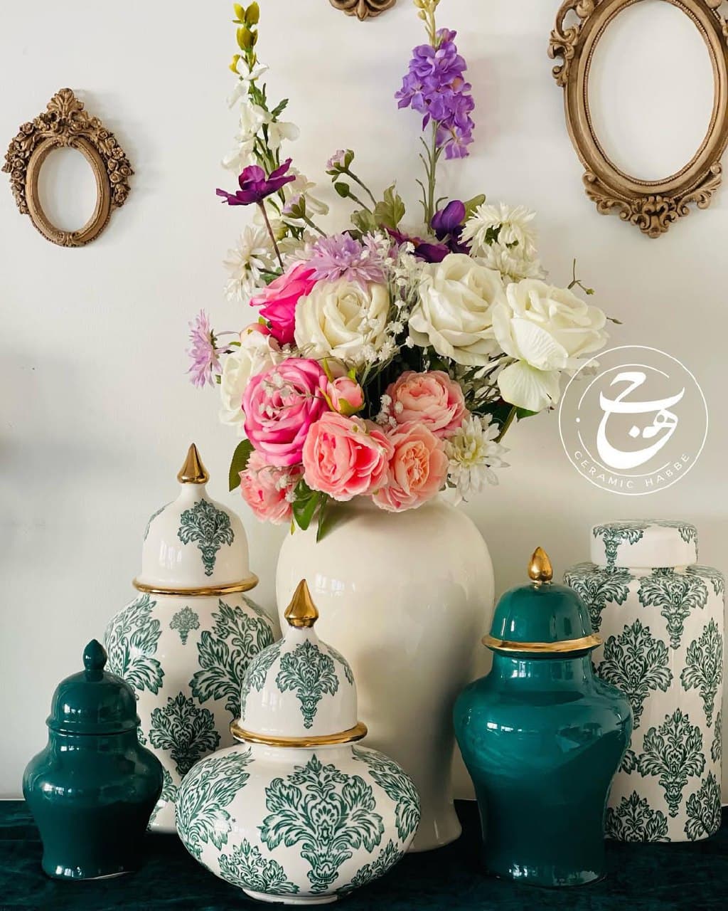 جینجر جار سرامیکی طرح داماسک سفید و سبز