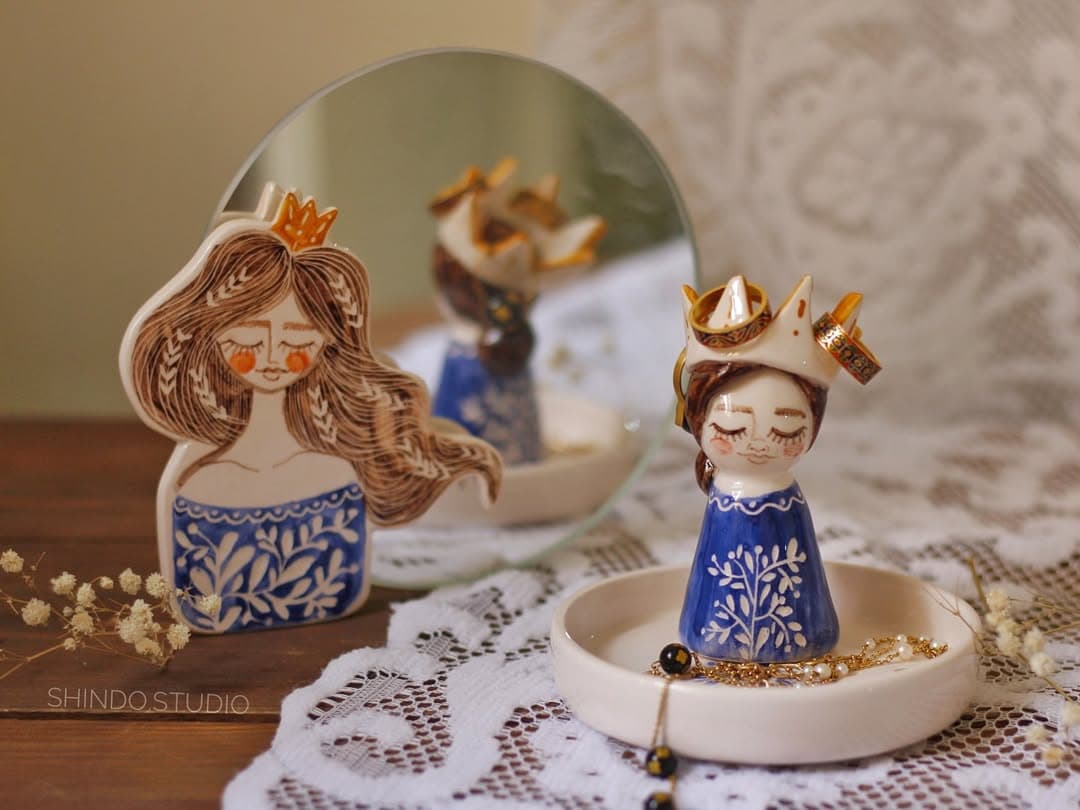 ست جاجواهری و آینه رومیزی سرامیکی دستساز طرح پرنسس