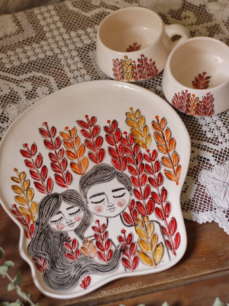 ست پذیرایی دو نفره سرامیکی دستساز طرح عاشقانه