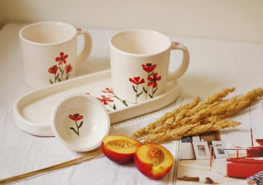 ست چای خوری سرامیکی دست ساز طرح گل شقایق