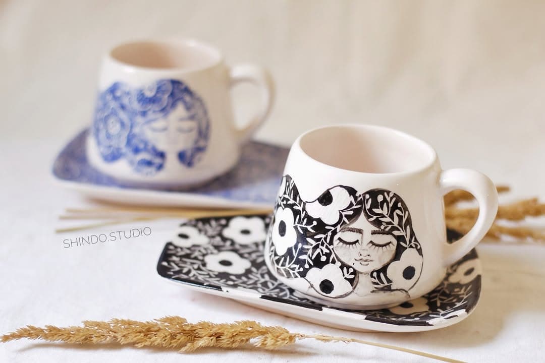 ست ماگ و زیره سرامیکی دستساز طرح چهره