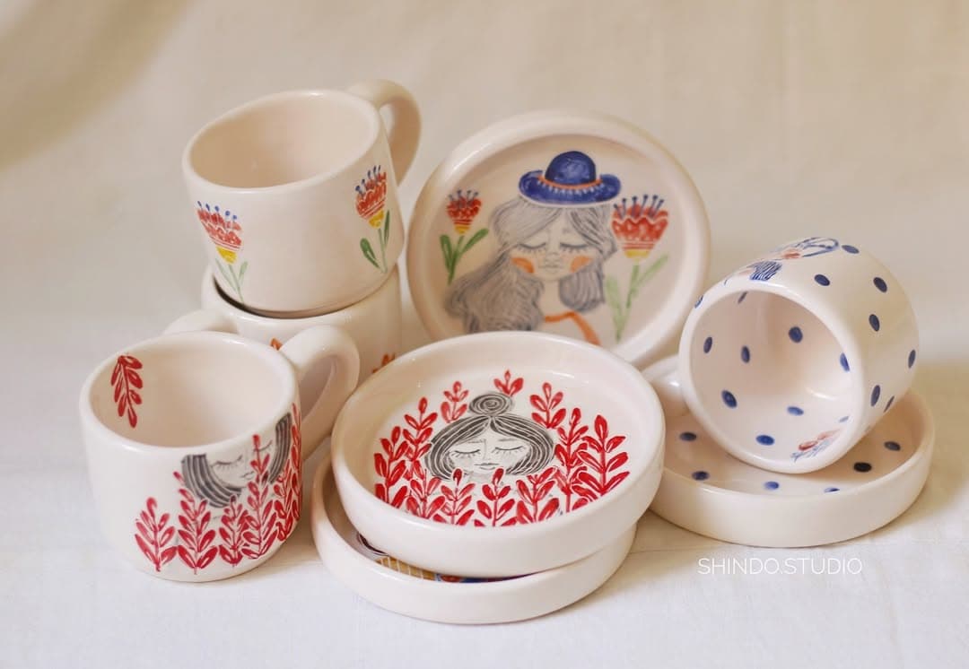 ست فنجان و نعلبکی سرامیکی دست ساز با نقاشی هنری