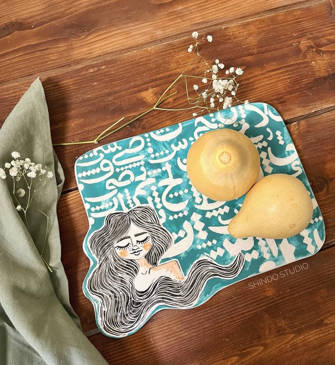 تخته سرو سرامیکی دستساز طرح کالیگرافی و چهره