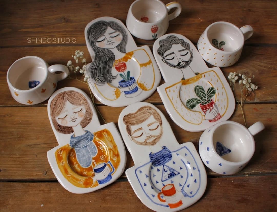ست چایخوری سرامیکی دست ساز دونفره با طرح پرتره