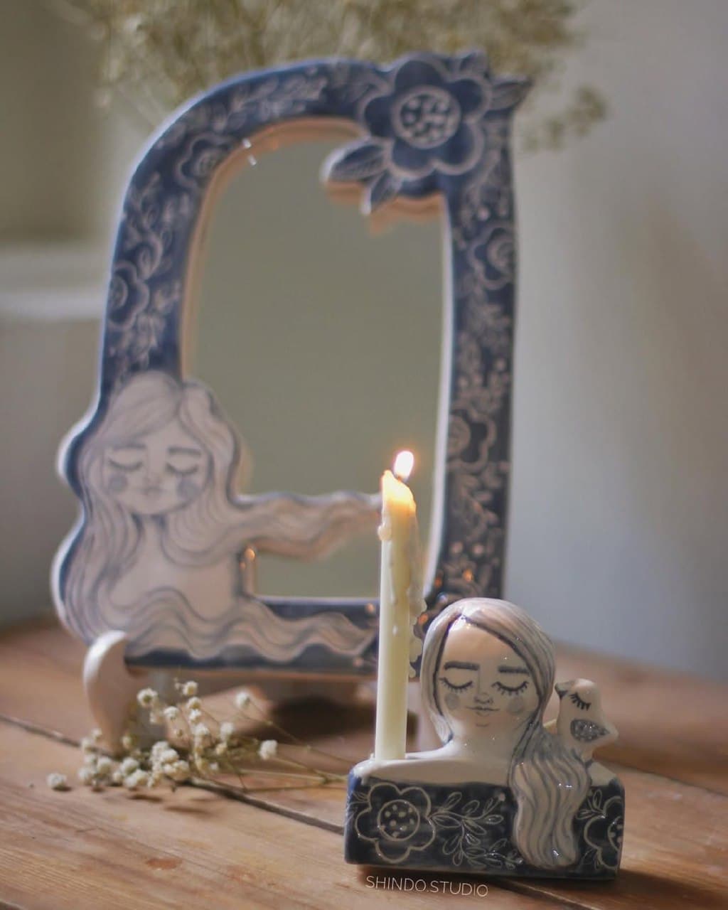 جاشمعی سرامیکی دستساز شیندو استودیو طرح دختر و پرنده