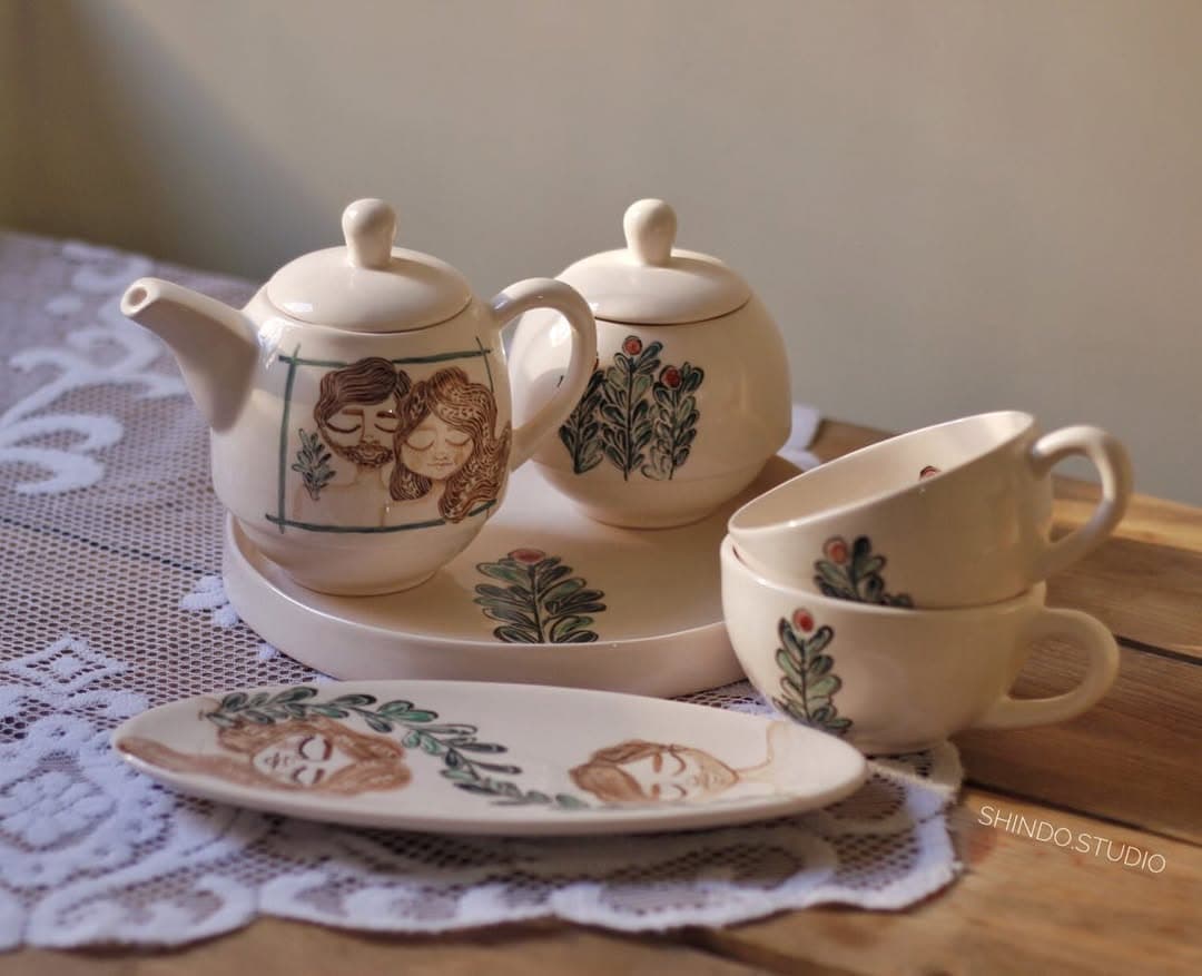 ست چایخوری سرامیکی ۶ تکه دستساز طرح فانتزی