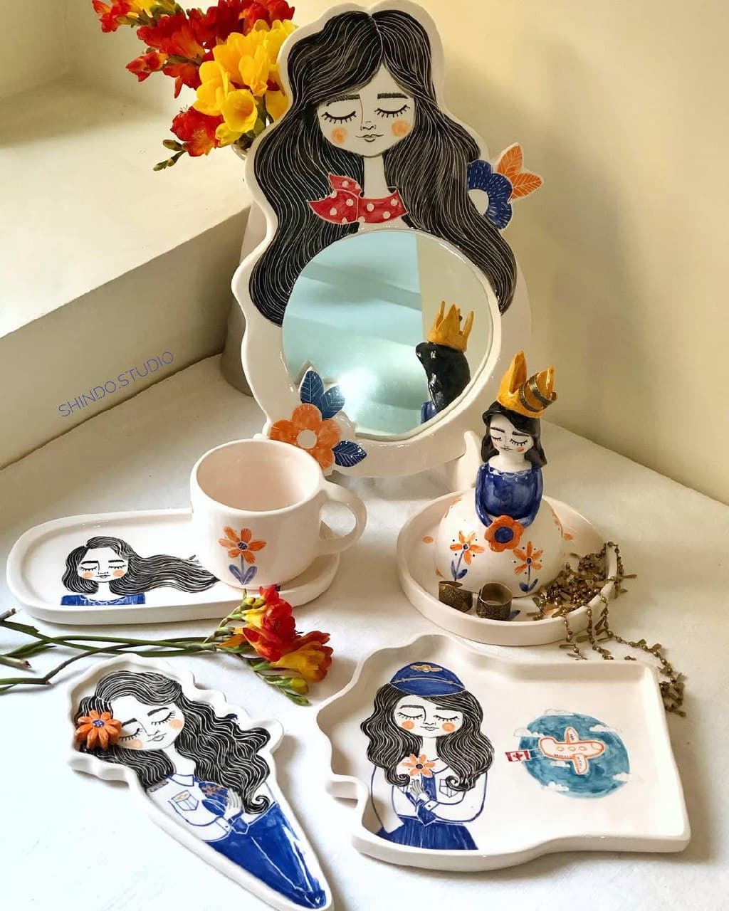 آینه رومیزی سرامیکی دست ساز طرح دختر