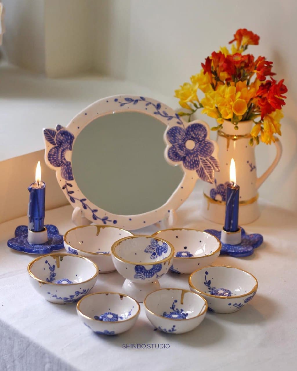 ست هفت سین سرامیکی دست ساز طرح گل آبی و طلاکوب