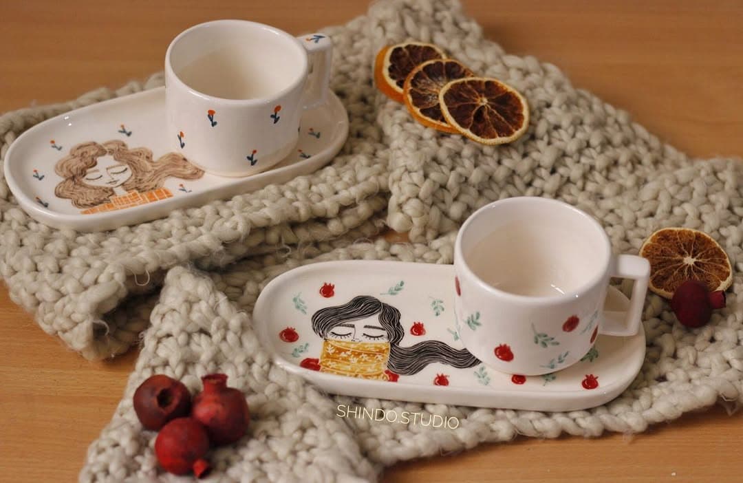 ست چایخوری سرامیکی دست ساز طرح دختر و انار