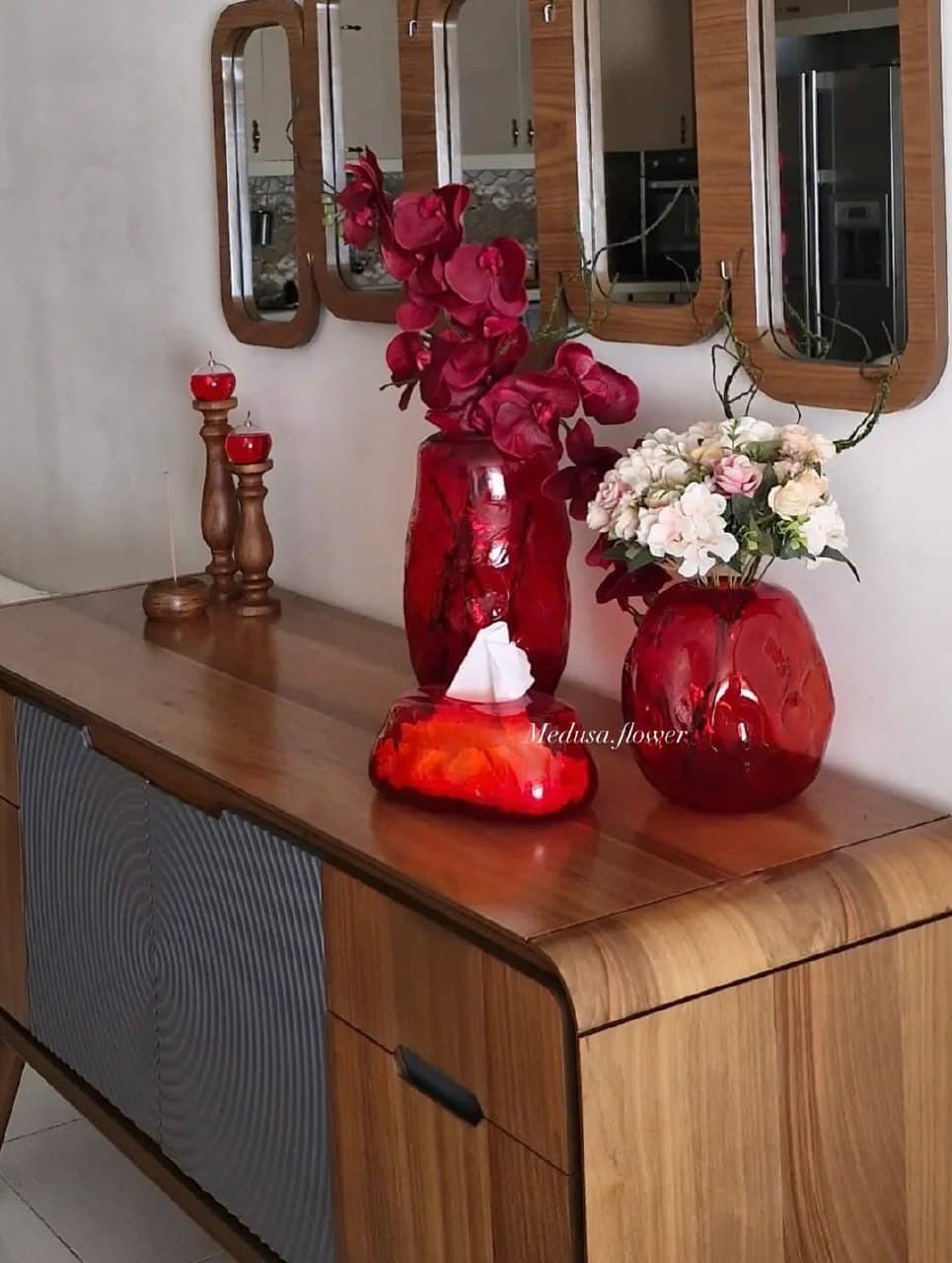 ست گلدان و جادستمالی شیشه ای دست ساز مدل دفرمه