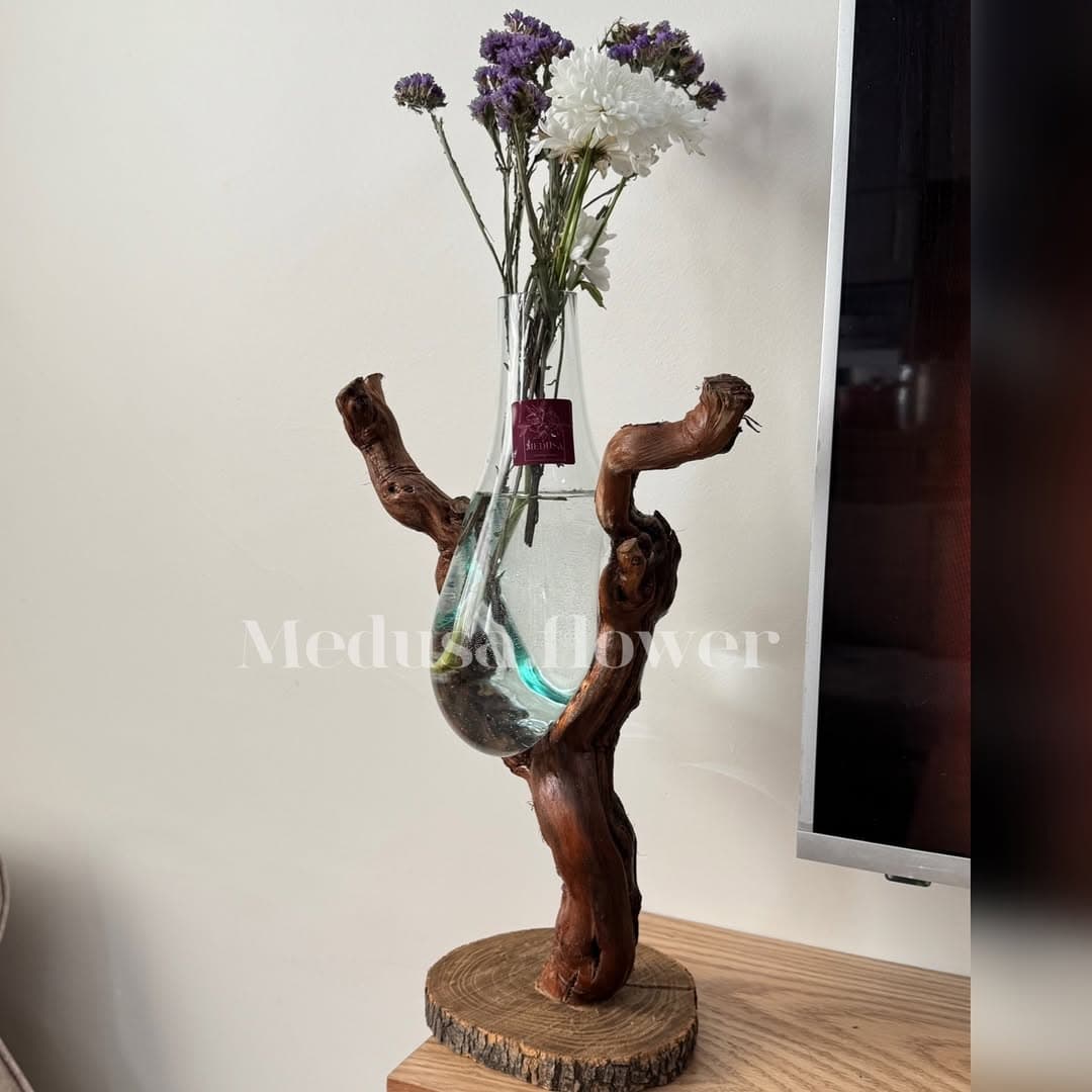 گلدان دکوری چوب و شیشه طرح روستیک