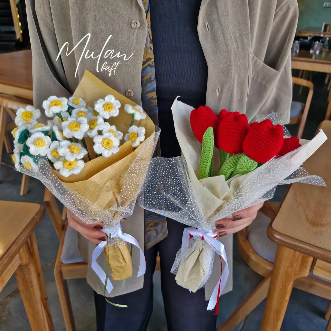 دسته گل بابونه بافتنی دستباف