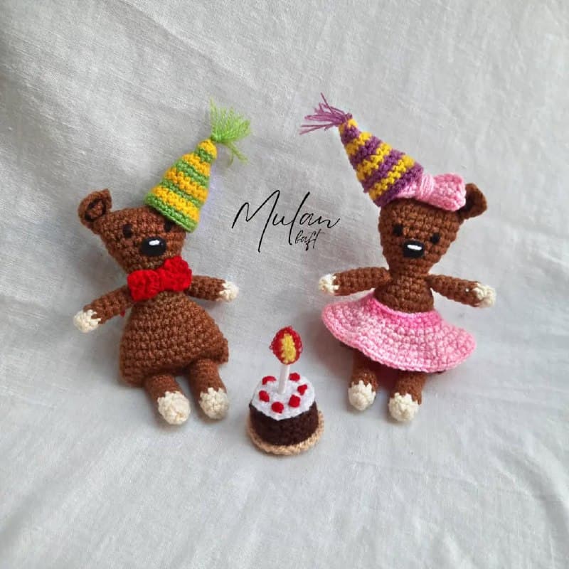 ست عروسک بافتنی خرس تدی و کیک تولد