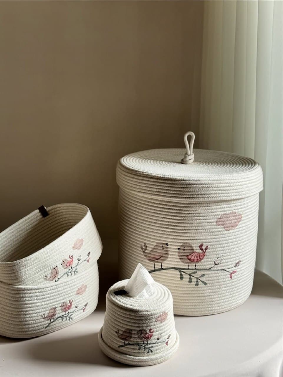 ست سه تکه سبد نظم دهنده قیطانی طرح پرنده