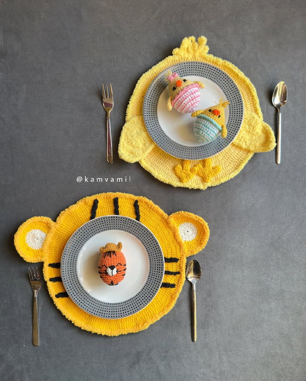 زیربشقابی بافتنی کودک طرح حیوانات (جوجه و ببر)