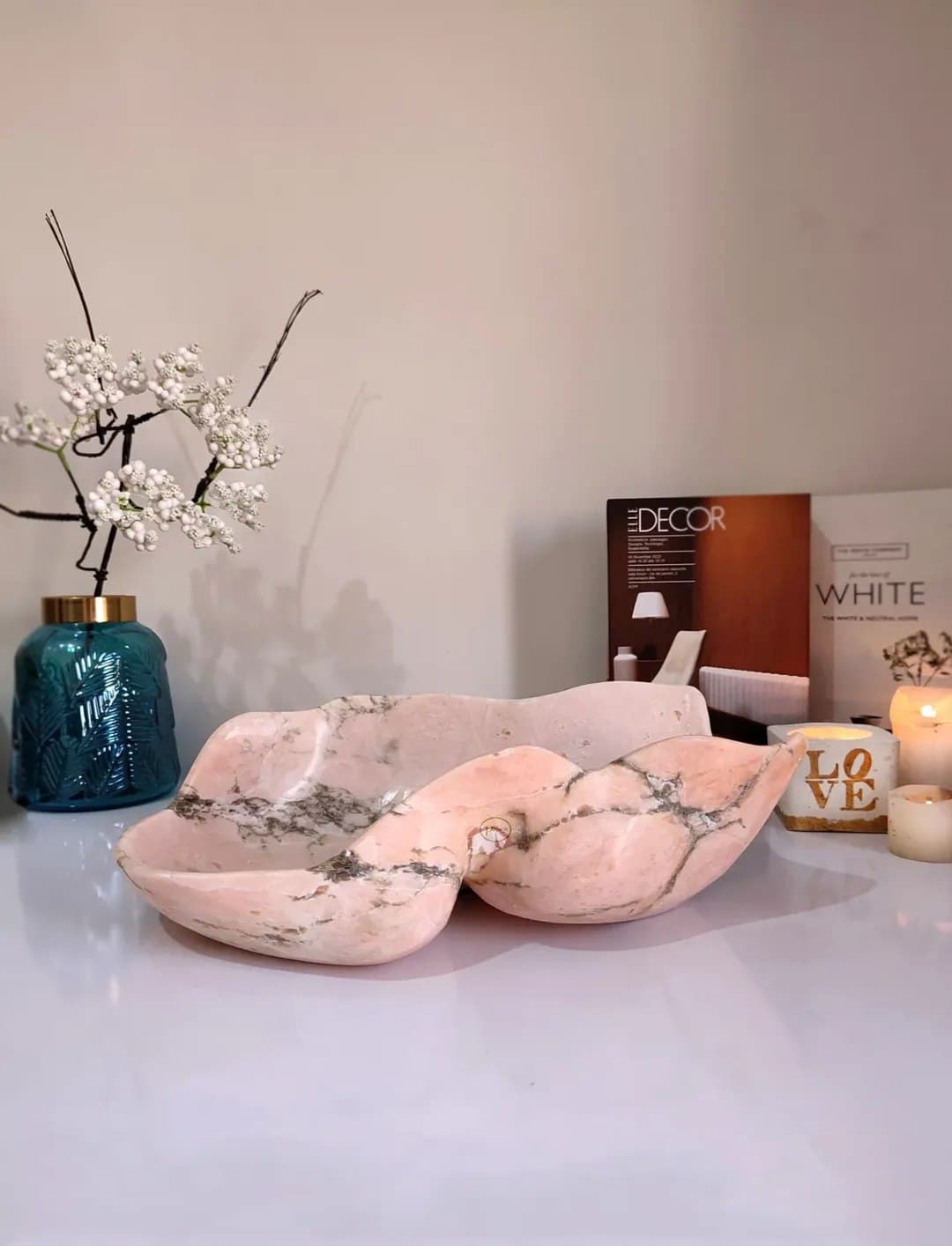 ظرف میوه خوری و سالاد خوری سنگ مرمر صورتی طرح دفرمه