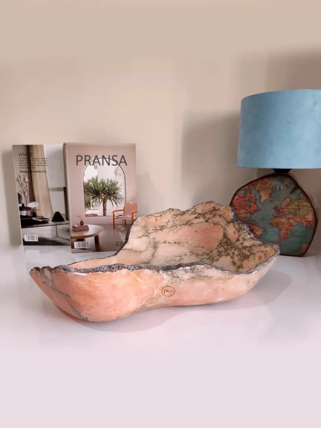 میوه خوری بزرگ مرمر آلاباستر صورتی طرح نگار