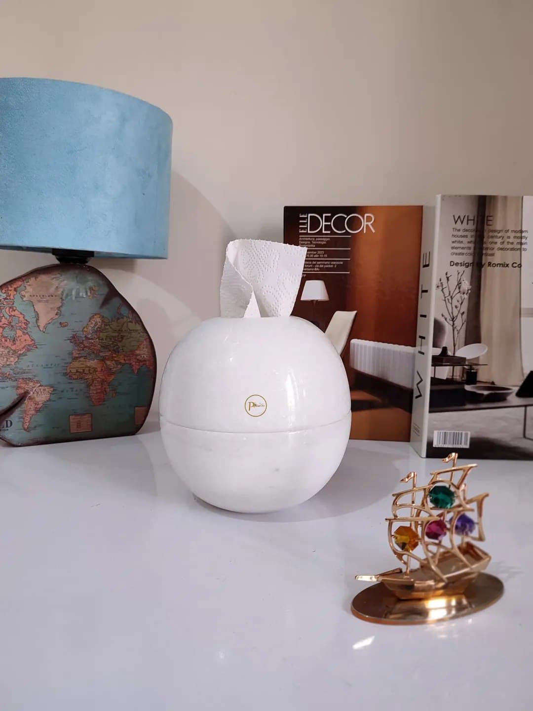 جادستمالی سنگی کروی مرمر سفید طرح ماه