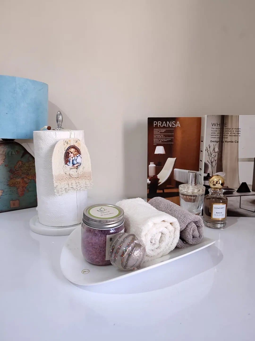 ست استند و جا دستمال حوله ای سنگ مرمر سفید هرات طرح رخشان