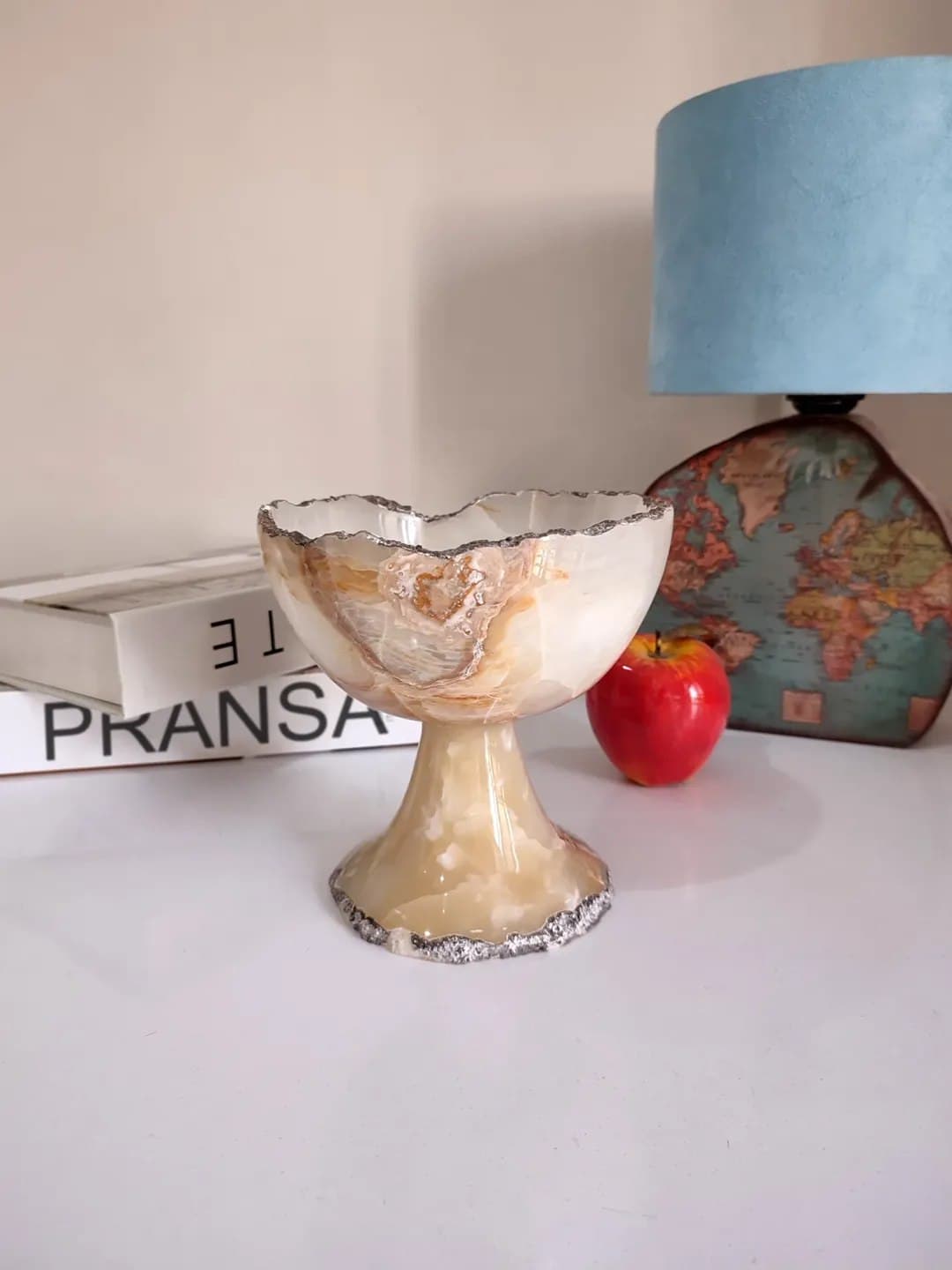 آجیل خوری و شکلات خوری پایه دار سنگی مرمر نباتی طرح خورشید