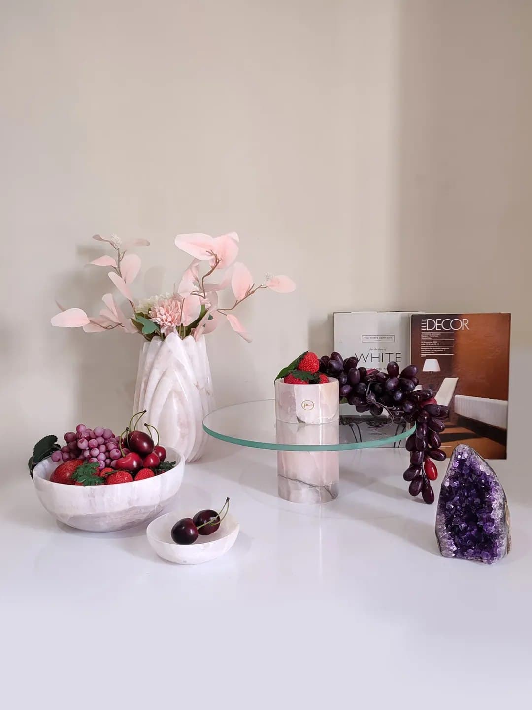 ست ظروف دکوری مرمر صورتی طرح فلاور