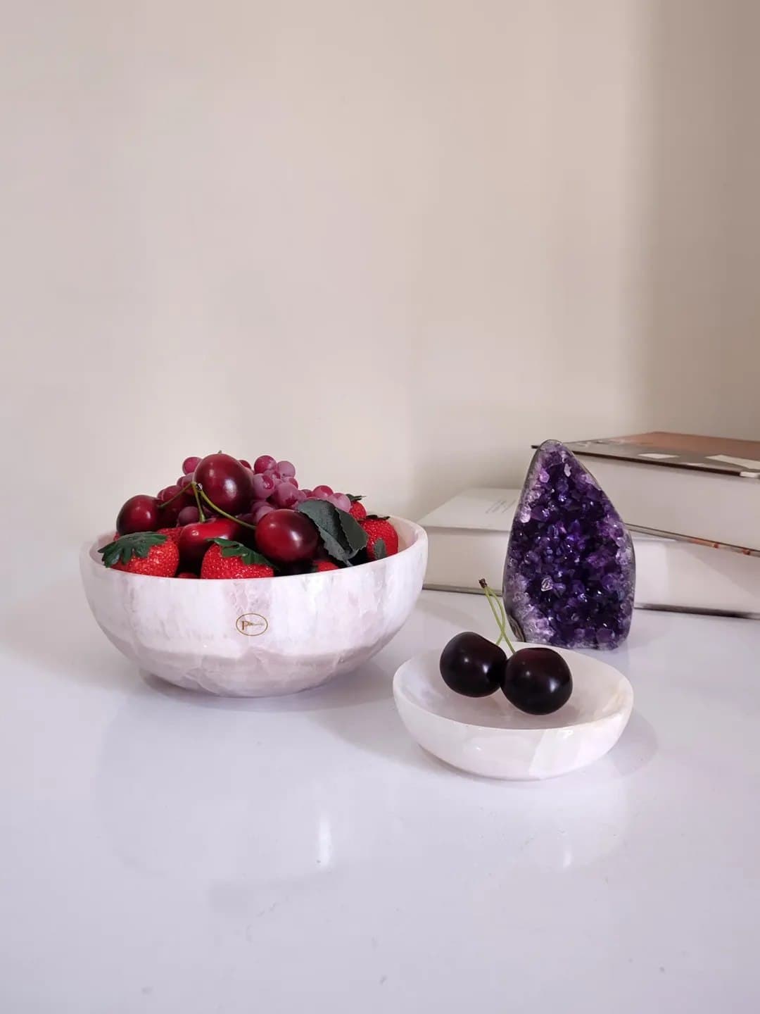 ست دو تکه کاسه و جاجواهری سنگ مرمر صورتی طرح فلاور