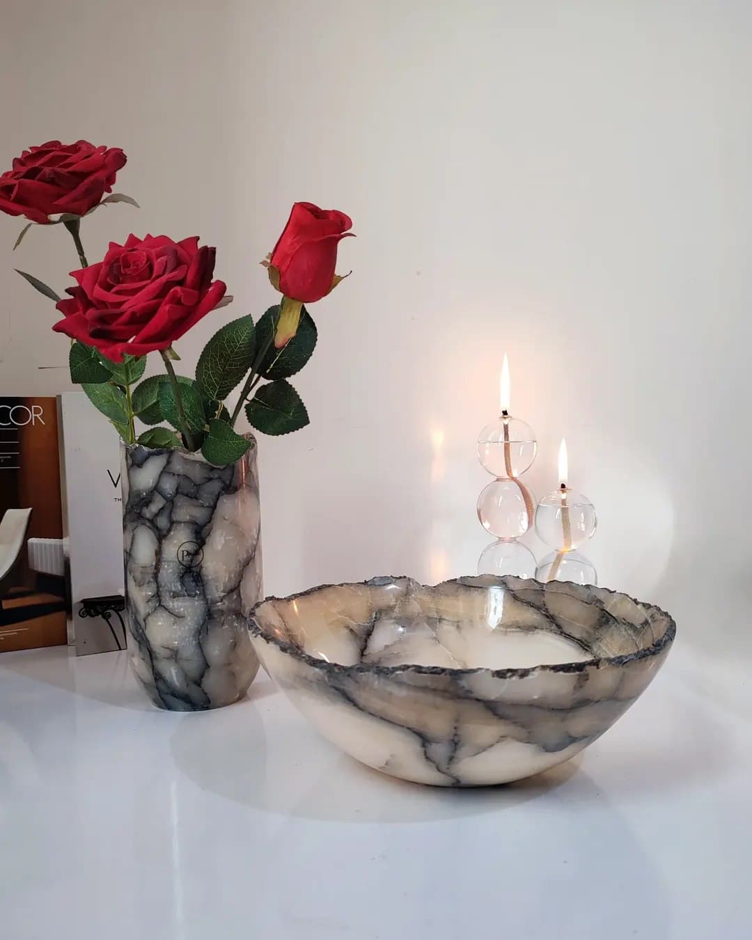 ظرف میوه خوری بزرگ از سنگ مرمر طبیعی طرح پلنگی دست ساز