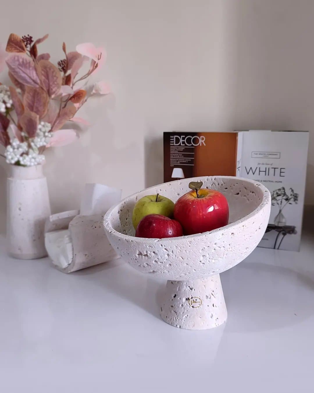 ظرف میوه خوری پایه دار سنگی تراورتن مدل ناهید