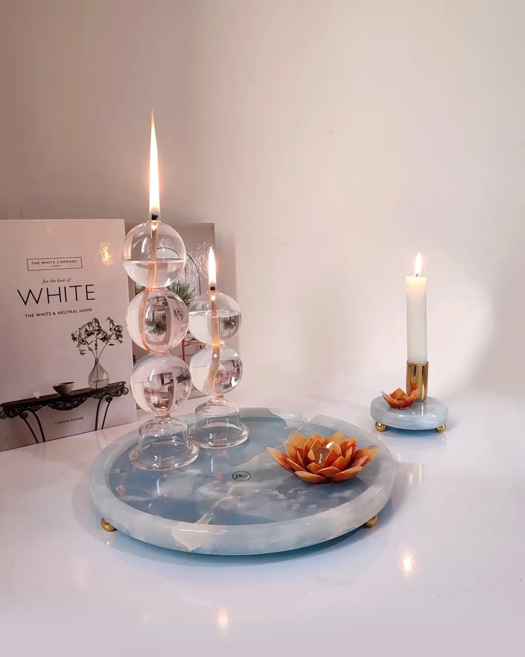 ست دکوری سنگ مرمر آبی و شمعدان پیرکس طرح شب نیلوفری