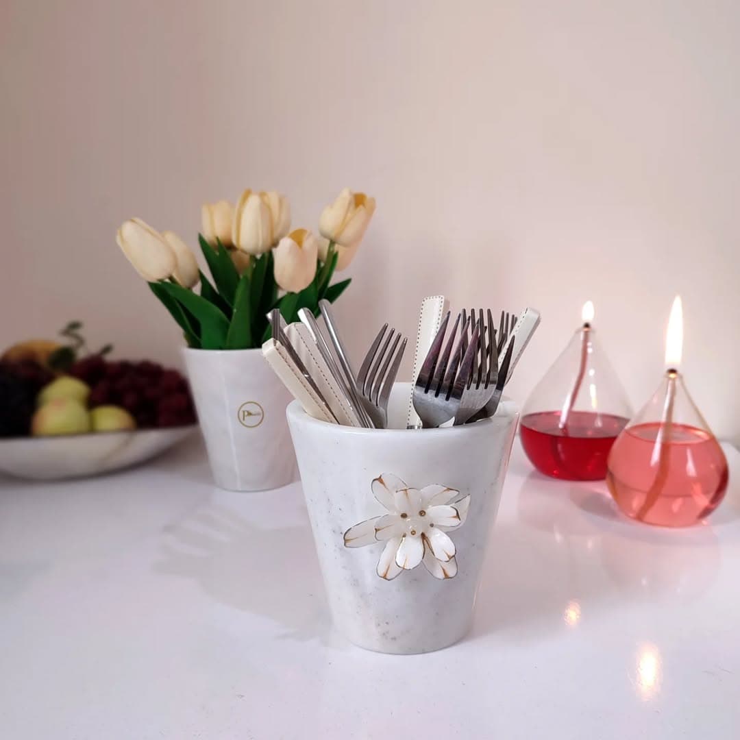 ست گلدان و جا قاشق چنگالی سنگی طرح بهار