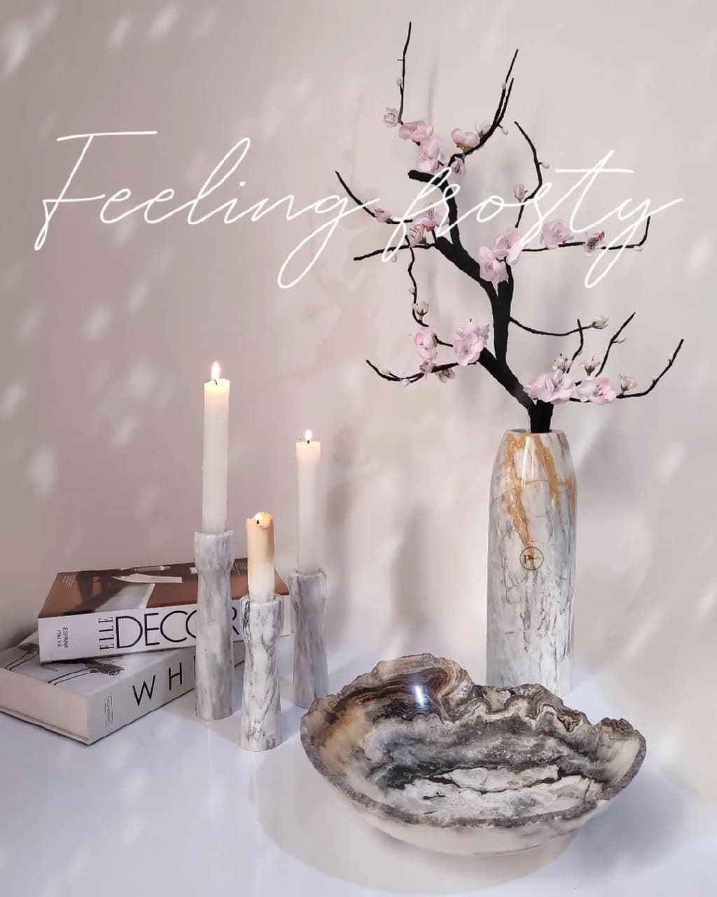 ست دکوری سنگ مرمر طرح وینتر (گلدان، میوه خوری و شمعدان)