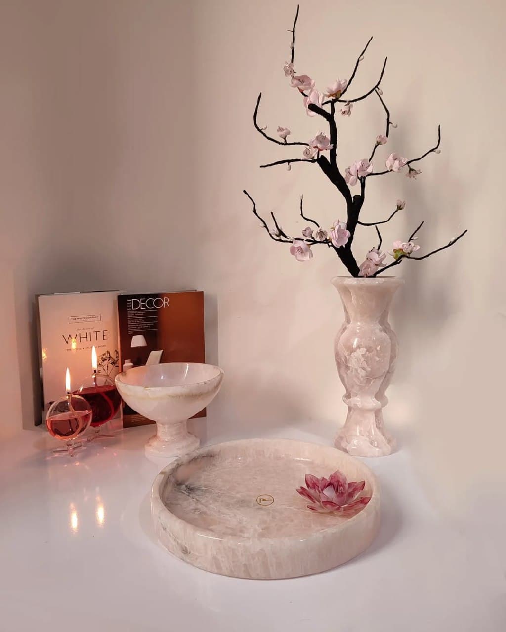 ست دکوری سه تکه سنگ مرمر صورتی مدل آناشید