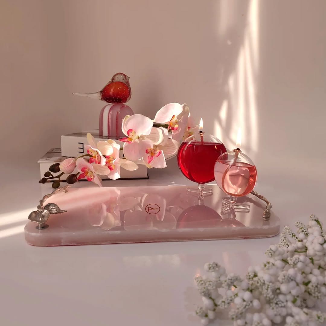 سینی دکوراتیو سنگ مرمر صورتی با دسته طرح شاخه