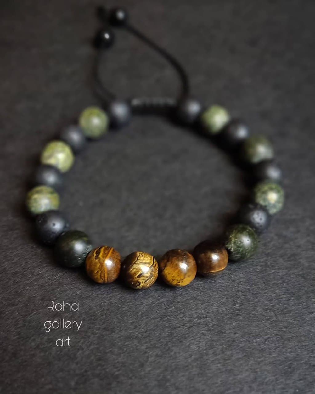 دستبند مهره ای سنگ چشم ببر، سرپانتین و لاوا
