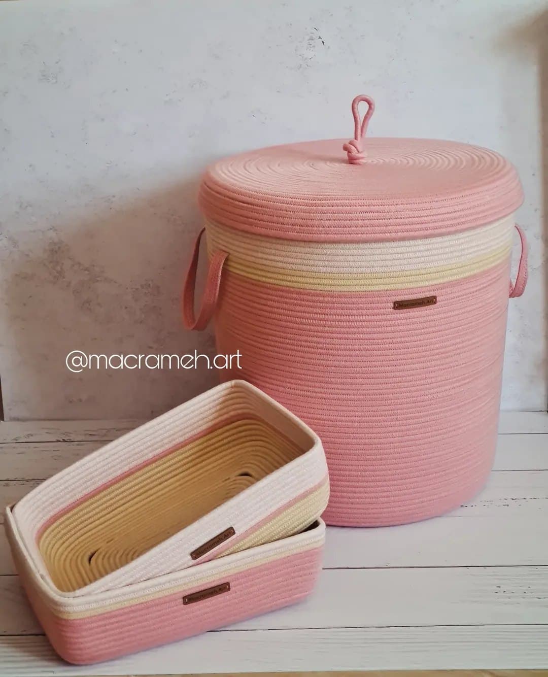 ست سبد نظم دهنده و لاندری قیطانی دستباف صورتی