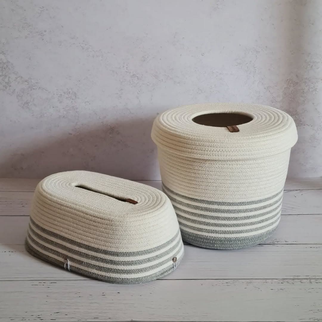 ست سطل و جای دستمال کاغذی قیطانی دستبافت مدل راه‌راه