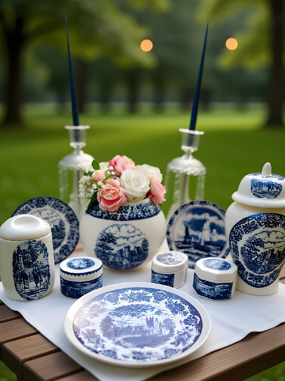 شیرینی خوری دو طبقه سرامیکی با پایه چوبی طرح آنتیک