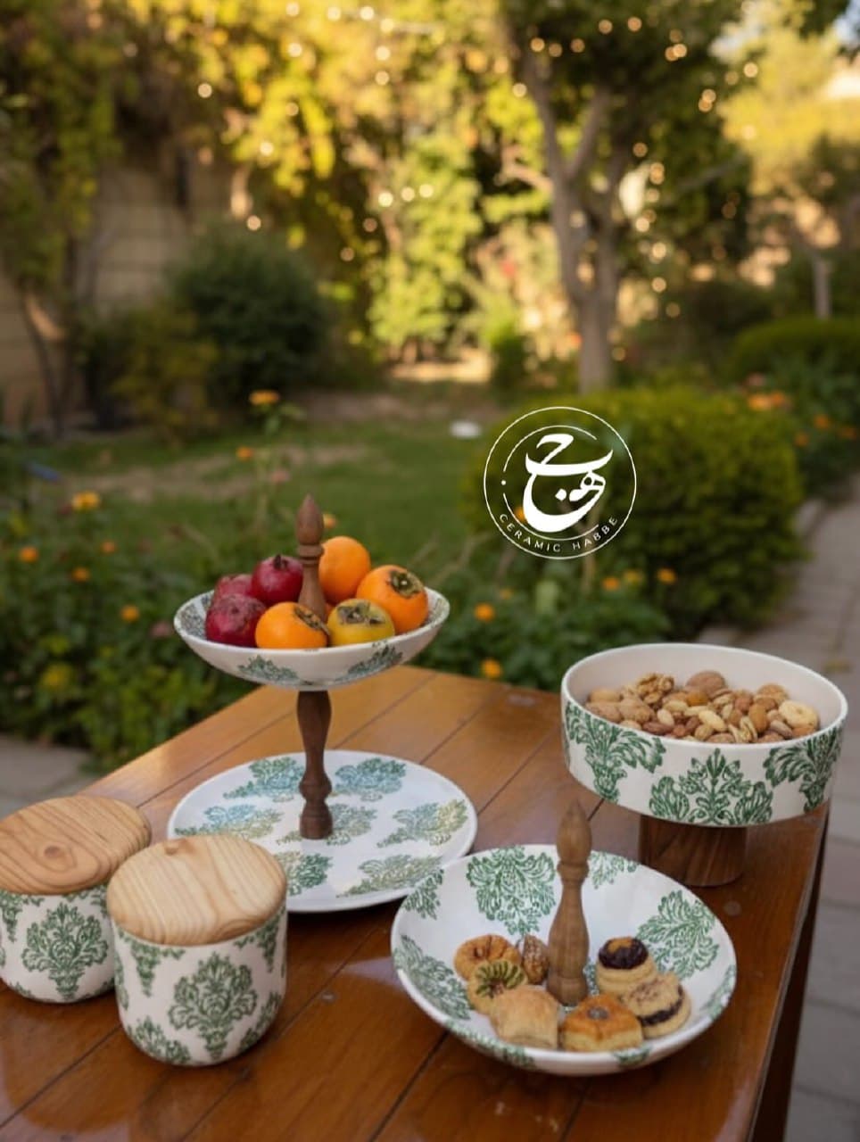 ست پذیرایی سرامیکی دست ساز طرح داماسک سبز